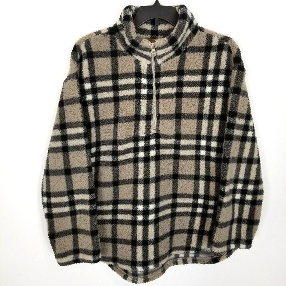Koolaburra by Ugg Women Brushed  Sherpa Pullover Jacket Sz XL Plaid Beige Black‎